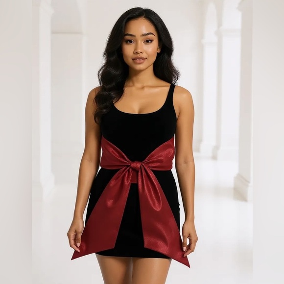 Quontum Dresses & Skirts - QUONTUM England M Vintage 80’s Tank Stretch Dress Big Red Iridescent Bow Accent